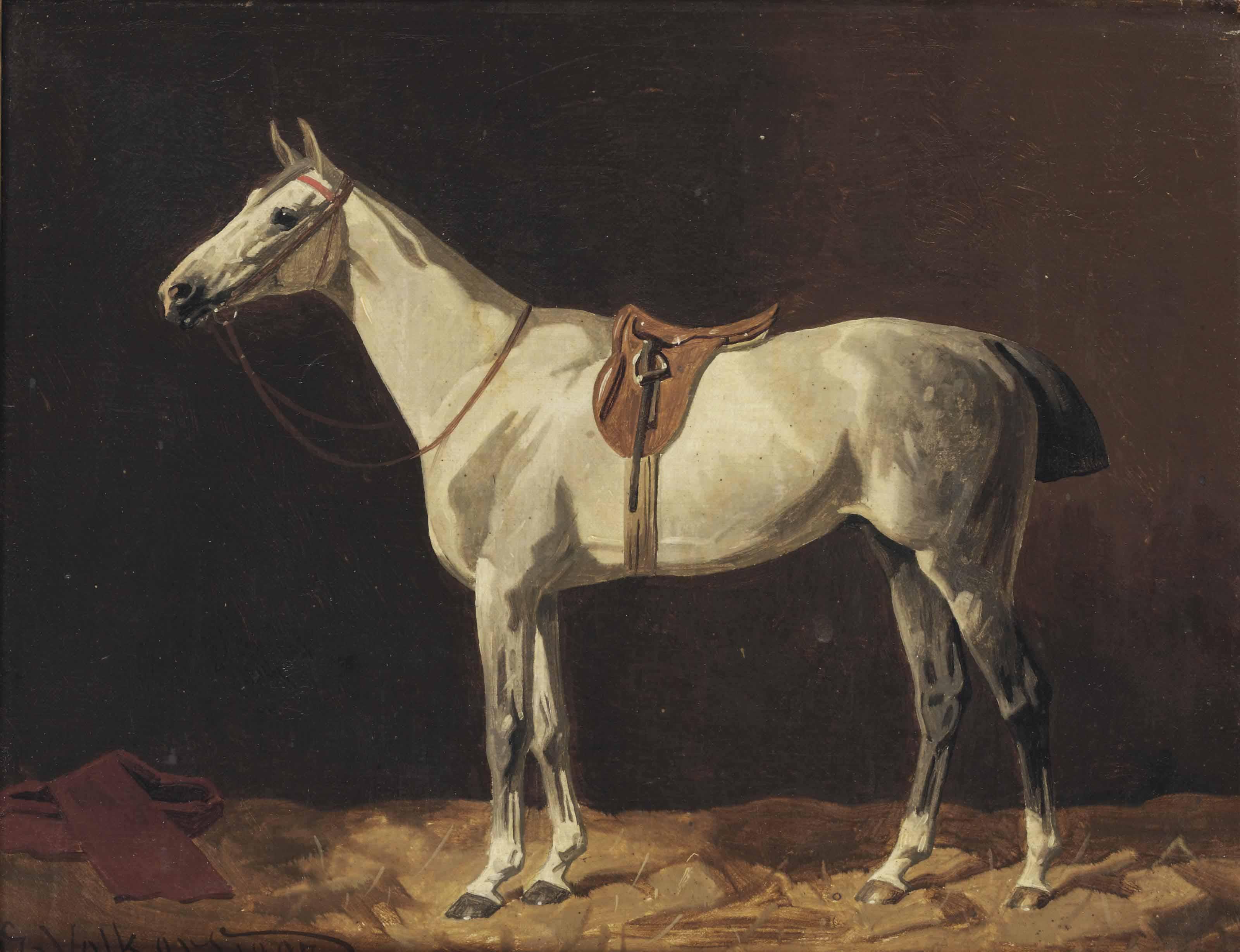 Emil Volkers - A saddled grey horse waiting in a stable