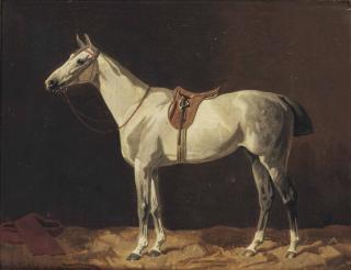 Emil Volkers - A saddled grey horse waiting in a stable