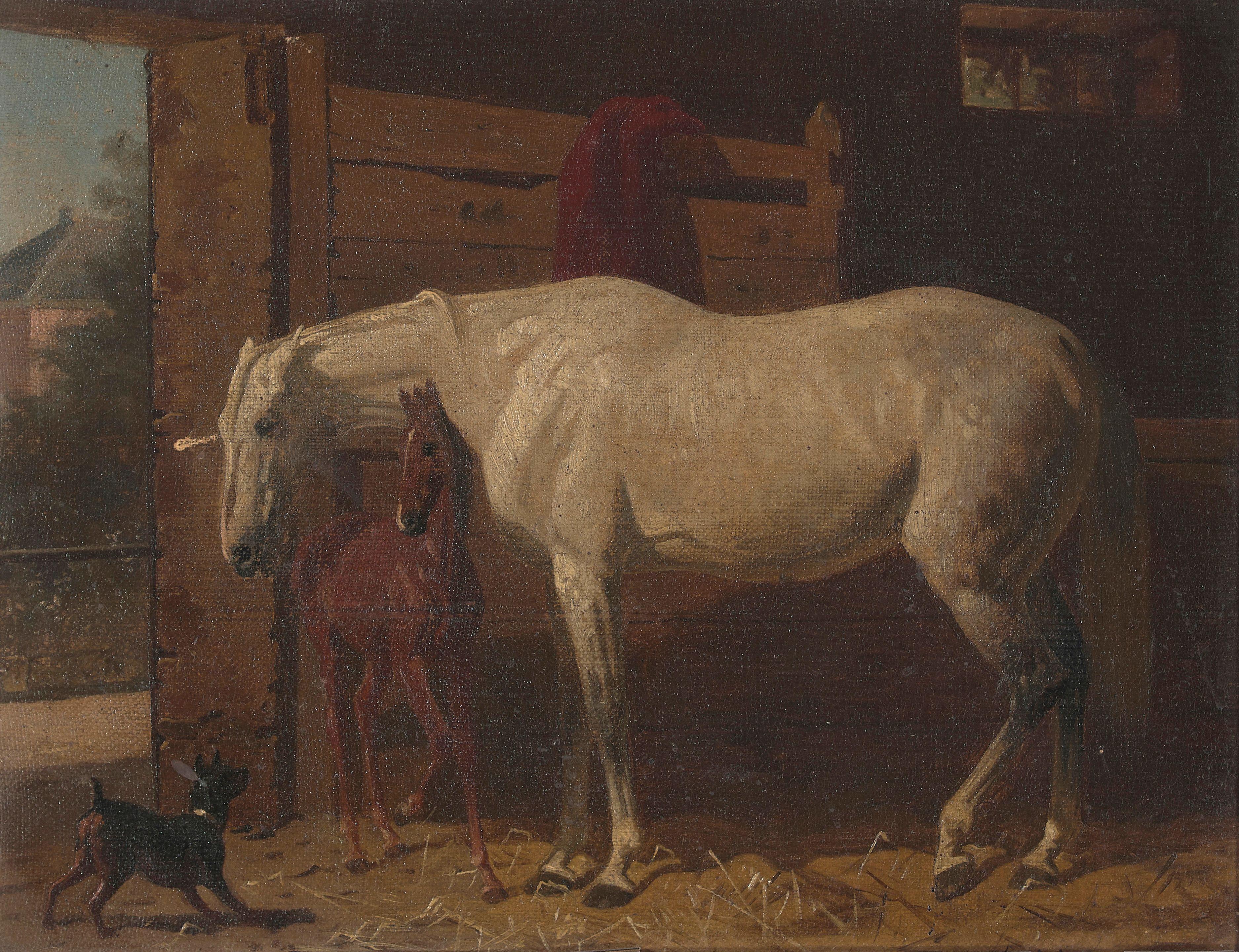 Emil Volkers - A white horse and a brown foal in a stable; Protecting the foal (two works)