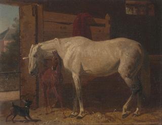 Emil Volkers - A white horse and a brown foal in a stable; Protecting the foal (two works)