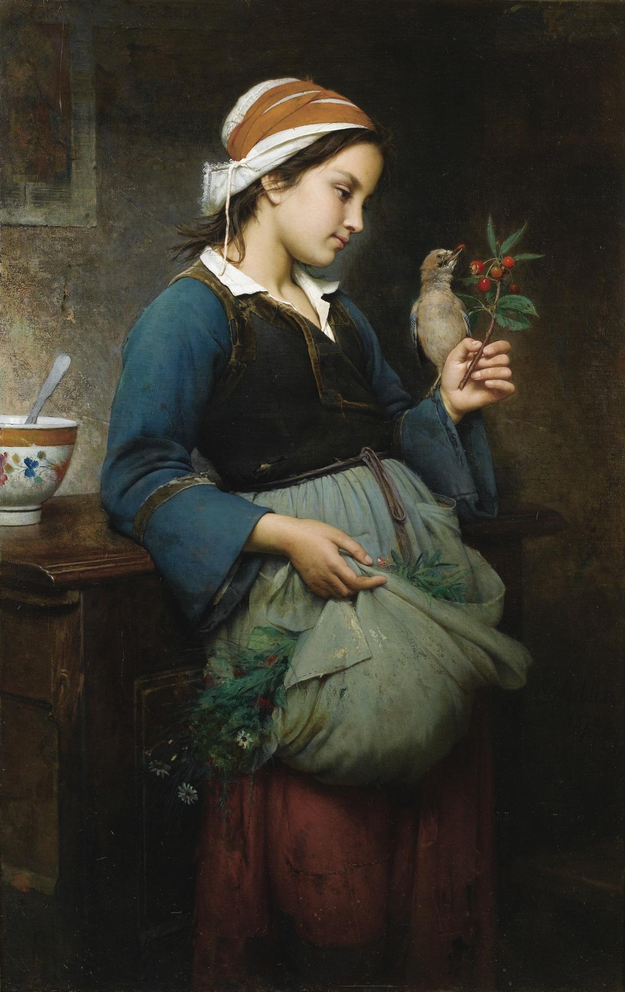 Emile-Auguste Hublin - French fillette À L’Oiseau
