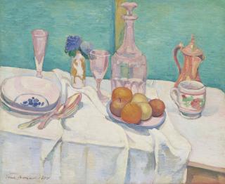 Émile Bernard - Nature morte aux carafe, verres, fruits, pot d\'etain sur une nappe