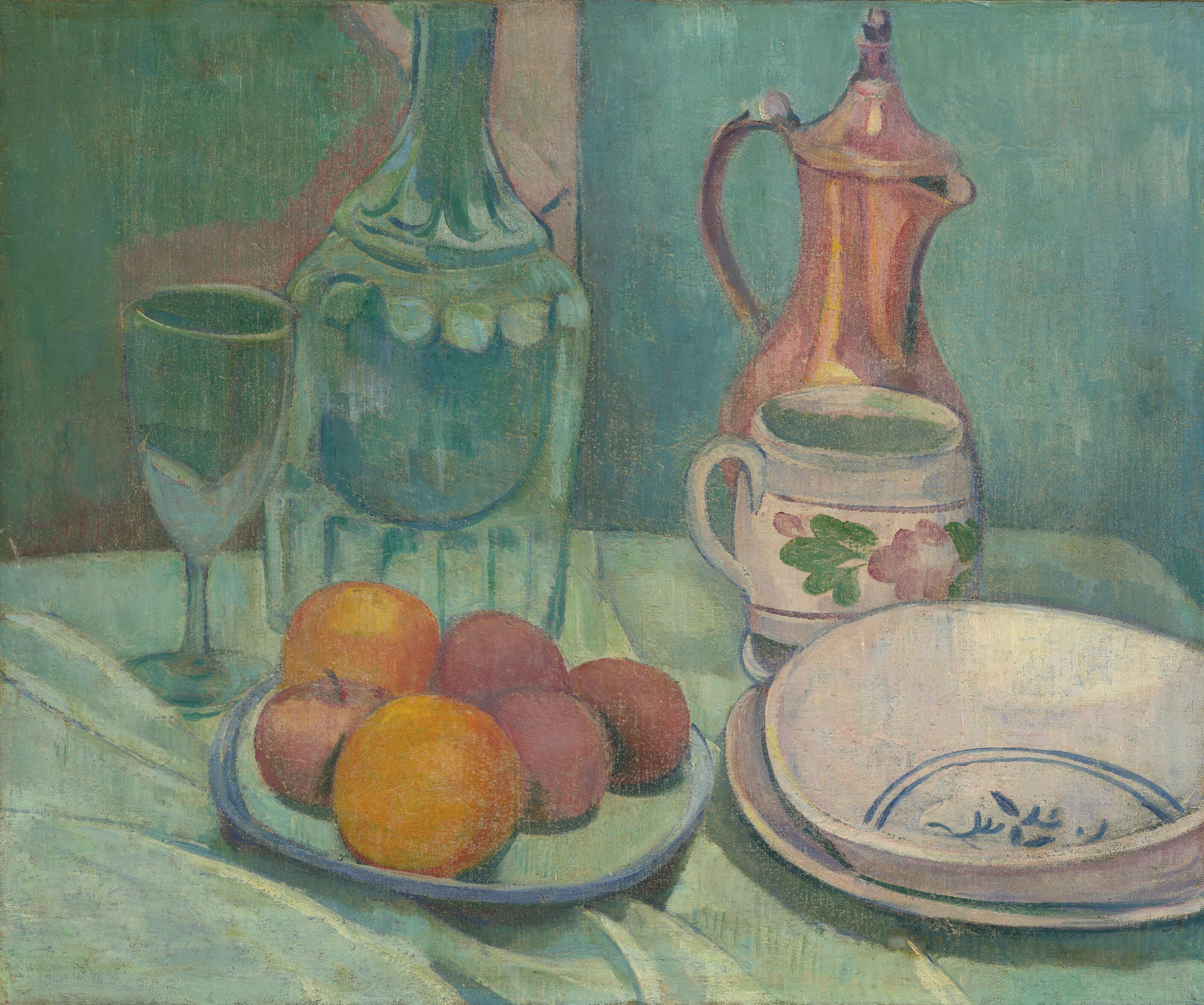 Émile Bernard - Nature morte (carafe, verre, fruits, assiettes, tasse et cafetière)