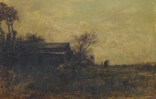 Emile Charles Lambinet - Figures by a Cottage in a Country Landscape