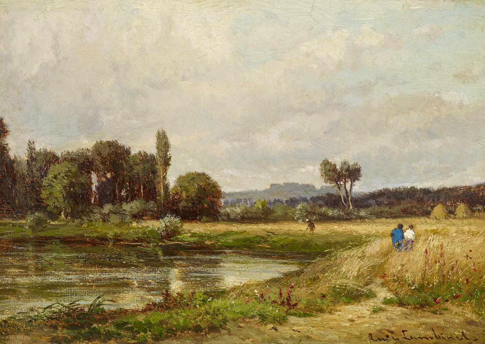 Émile Charles Lambinet - Sommerliche Kornfelder am Seeufer