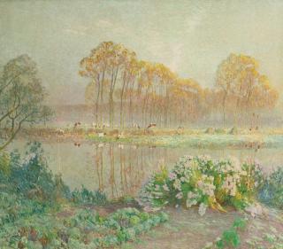 Emile Claus - Belgian landscape With Pond And Blooms