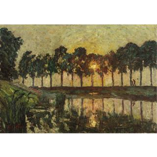 Emile Claus - Trees By A Lake, Sunset