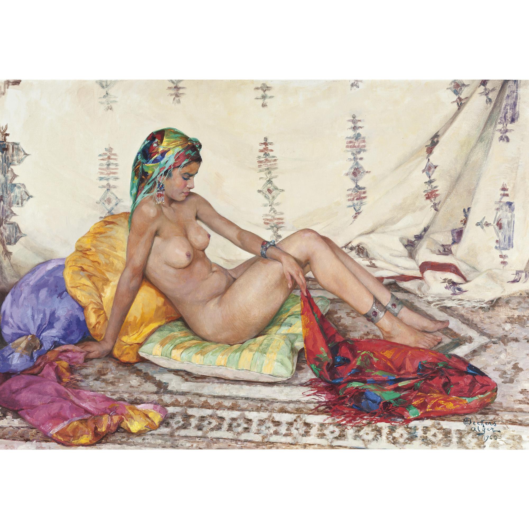 Emile Deckers - Nu Au Foulard Chamarréemile Deckers ; Nude Woman With Coloured Scarf ; Signed , Located And Dated Alger 1960 Lower Right ; Oil On Canvas