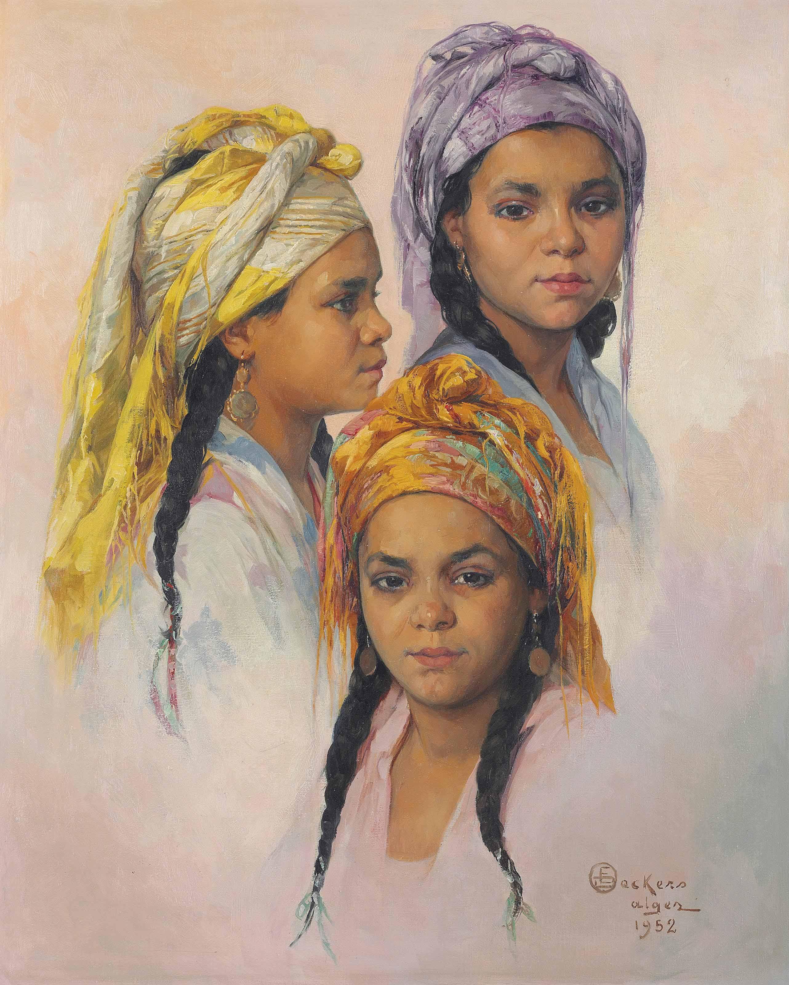Emile Deckers - Three studies of the head of an Algerian beauty