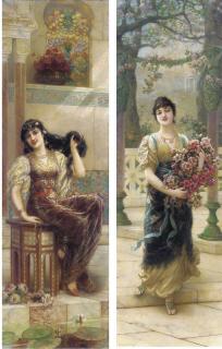 Emile Eisman-Semenowsky - A Lady Styling Her Hair; And A Lady With Flowers