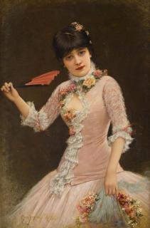 Emile Eisman-Semenowsky - An elegant lady in pink with blossoms and a fan