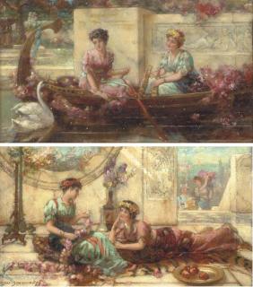Emile Eisman Semenowsky - Elegant maidens on a terrace; and Maidens in a boat