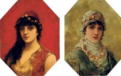 Emile Eisman-Semenowsky - Portrait of A Woman In A White Head Scarf; And Portrait of A Woman In A Red Tunic With Gold Trim