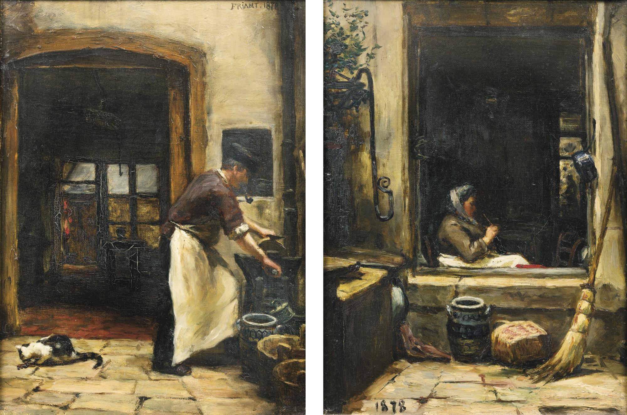 Emile Friant - The Butcher\'S Wife Knitting And The Butcher With His Pipe And Cat