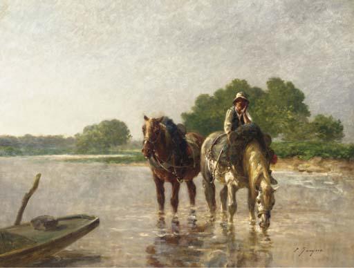 Emile Jacque - Working horses pausing for a drink in a river