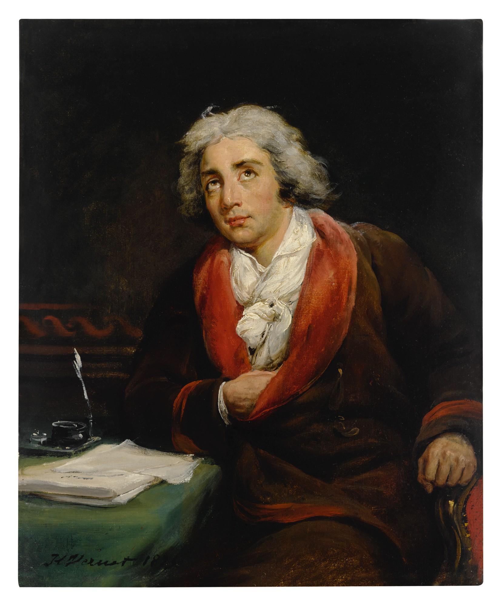 Emile-Jean-Horace Vernet - Portrait of the poet André Chénier (1762-1794), three-quarter length, seated at a table covered in a green cloth with papers and an inkwell, his hand tucked into his jacket