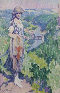 Emile Joseph Patoux - Elegant lady overlooking Vianden, Luxembourg