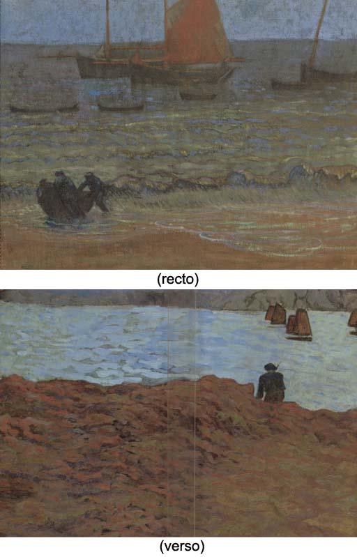 Emile Jourdan - Marine au crépuscule (recto); Pêcheurs et bateau de pêche (verso)