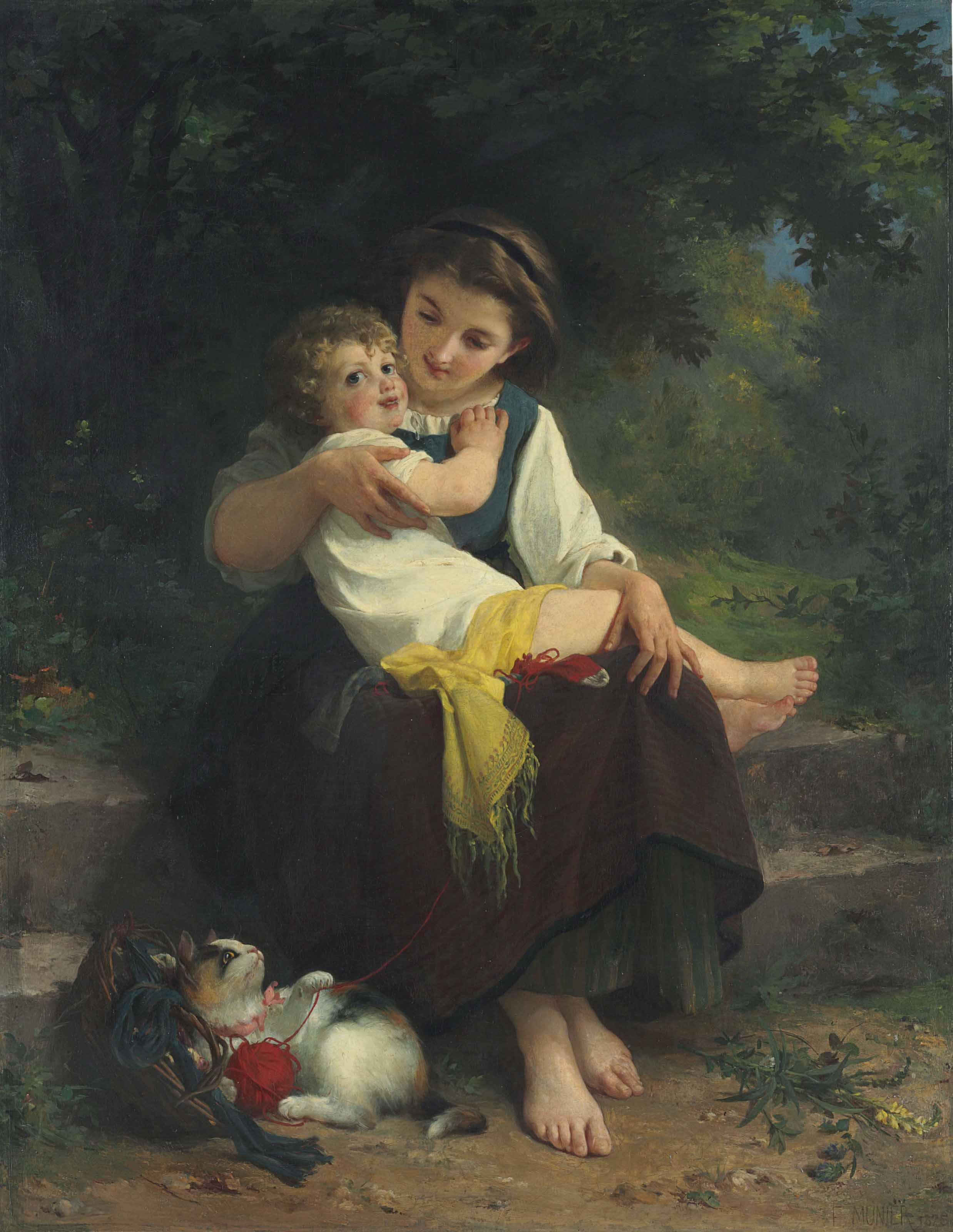 Émile Munier - Mother and Child with a Kitten