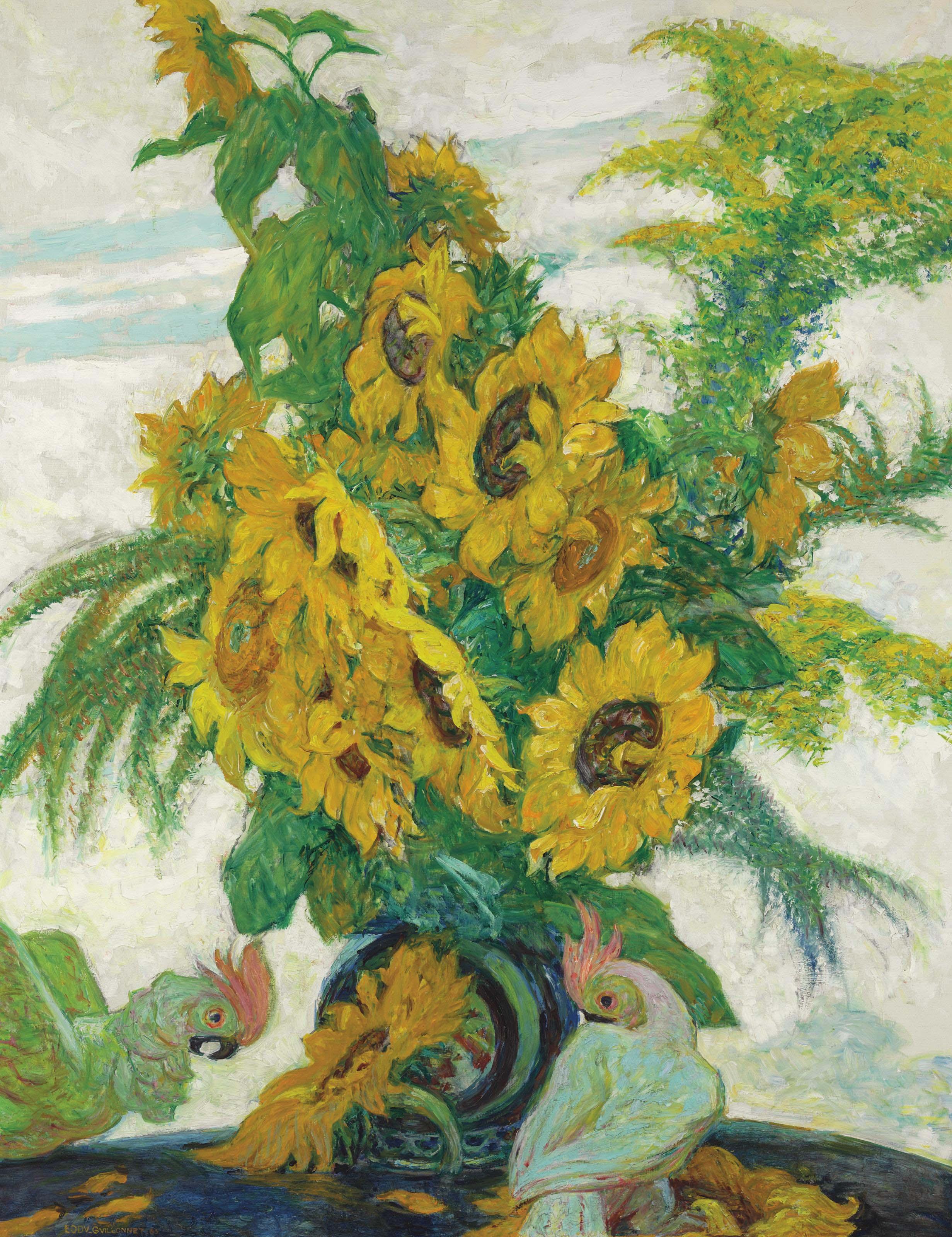 Emile-Octave-Denis-Victor Guillonnet - A Still Life With Sunflowers On A Table With Parrots
