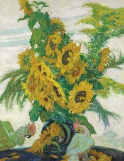 Emile-Octave-Denis-Victor Guillonnet - A Still Life With Sunflowers On A Table With Parrots
