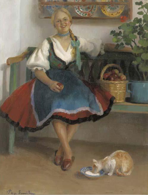 Emile Pap - Girl with apples and her cat