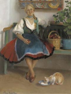 Emile Pap - Girl with apples and her cat