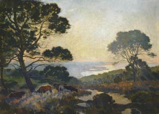 Emile René Menard - Cattle grazing above a bay at dusk