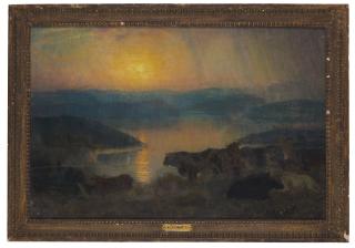 Émile-René Ménard - Troupeau de vaches sur le rivage au soleil couchant