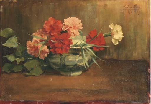 Emile Seeldrayers - Red, Pink And White Carnations