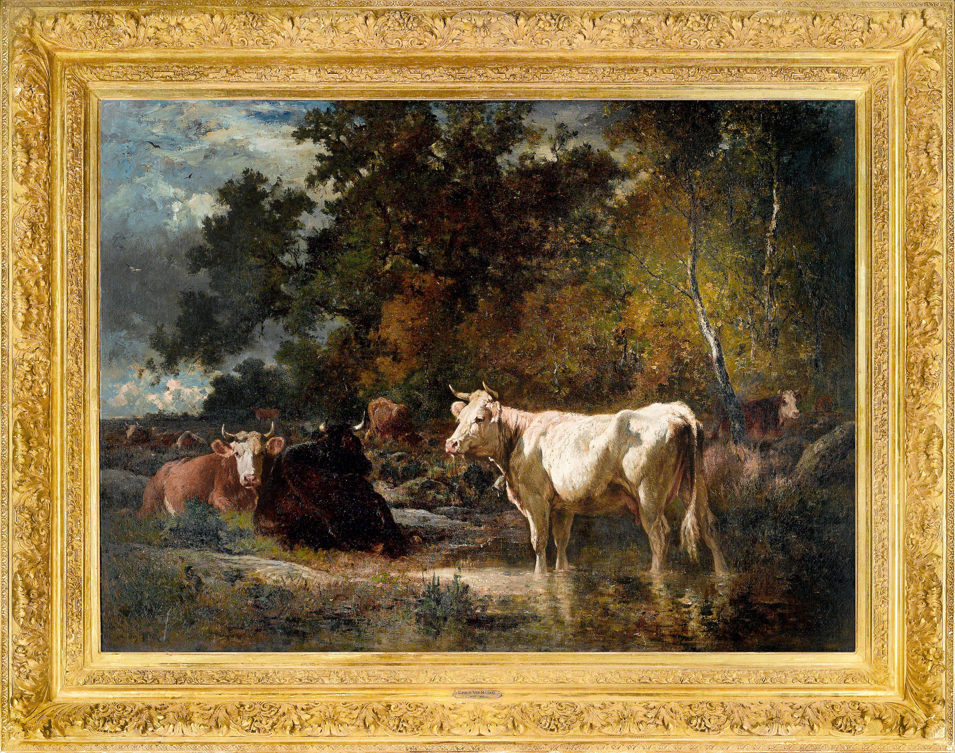 Emile Van Marcke De Lummen - Cattle resting and watering in a woodland stream