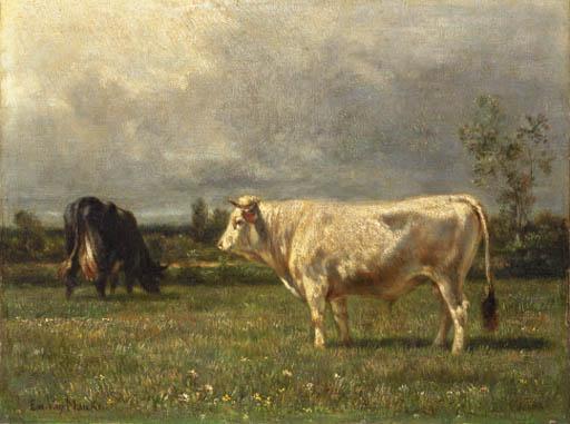 Emile Van Marcke De Lummen - Taureau et Vache dans un Champ
