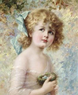 Emile Vernon - Young Girl Holding a Nest
