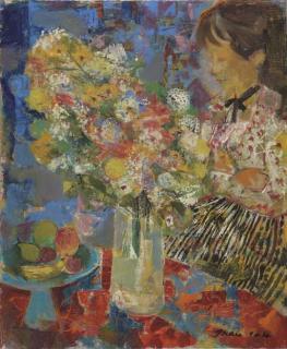 Emili Grau Sala - Mujer junto a una mesa con bodegón de frutas y flores