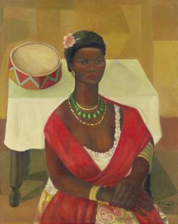 Emiliano Di Cavalcanti - Mulata sentada na frente da mesa com pandeiro