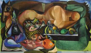 Emiliano di Cavalcanti - Reclining Nude With Fish And Fruit