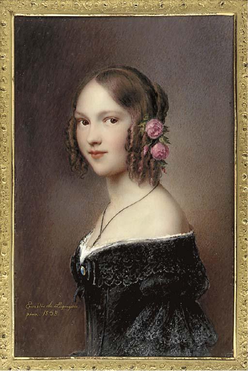 Émilie Lachaud De Loqueyssie - A young lady, facing left in off-the shoulder black dress with black lace collar and tiered sleeves, gold set blue brooch at corsage, think black ribbon necklace, pink roses and foliage in her ringletted brown hair