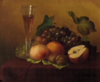 Emilie Preyer - An autumn still life with grapes, walnuts, a glas of wine and a pear