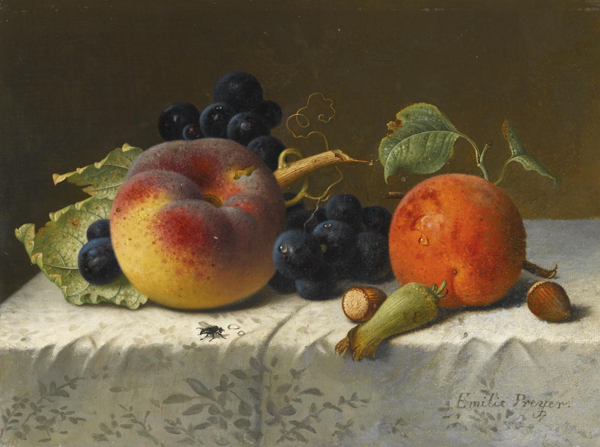 Emilie Preyer - German Still Life With Peach, Apricot, Grapes And Hazelnuts On A Tablecloth