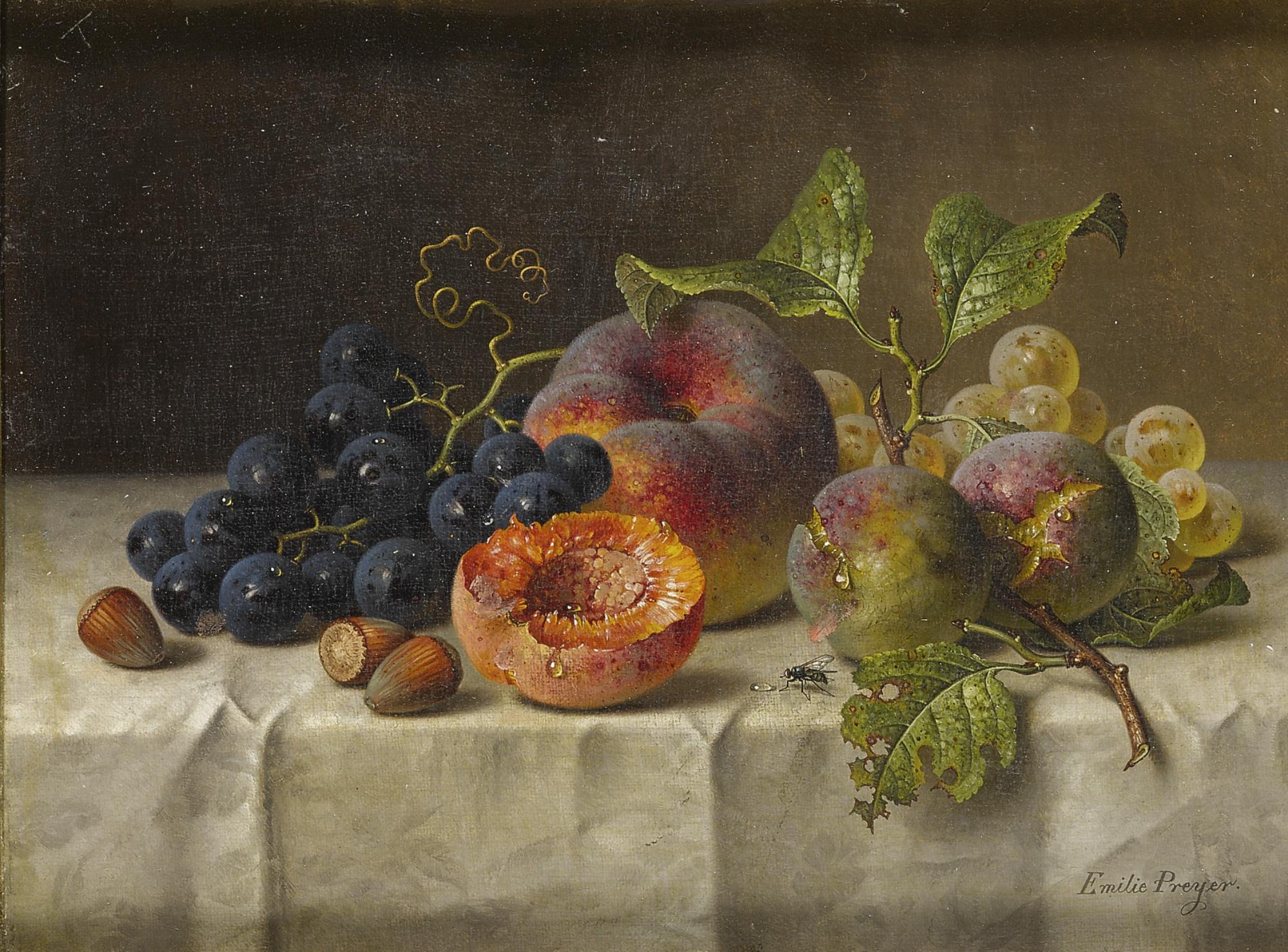 Emilie Preyer - German still Life With Peaches And Grapes On A Table 