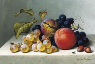 Emilie Preyer - Peaches and grapes on a marble ledge