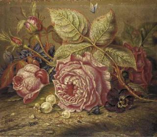 Emilie Preyer - Roses, a pansy, and snowberries