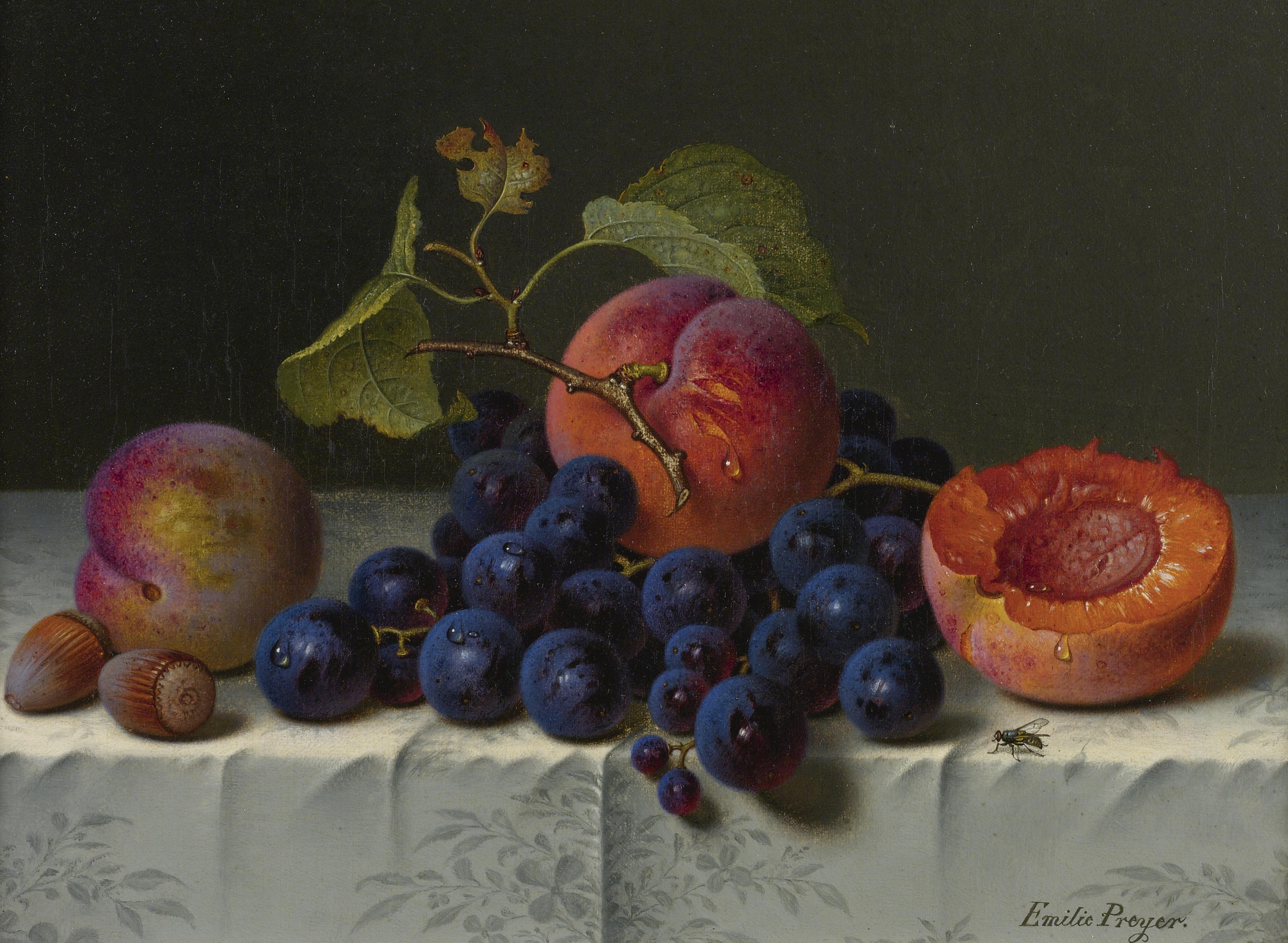 Emilie Preyer - Still Life Of Peaches, Grapes, And Nuts On A Table