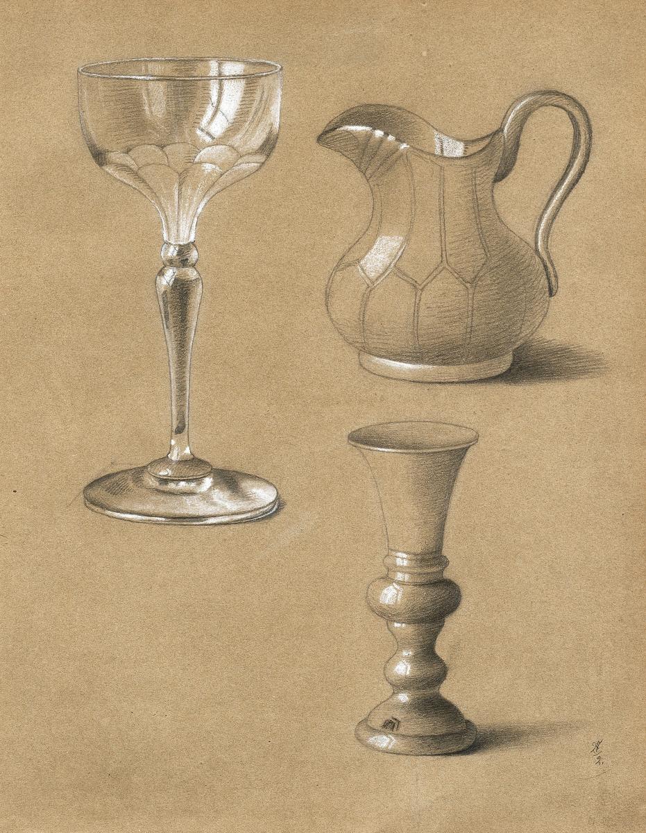 Emilie Preyer - Studienblatt mit Glas, Kanne und Kelch