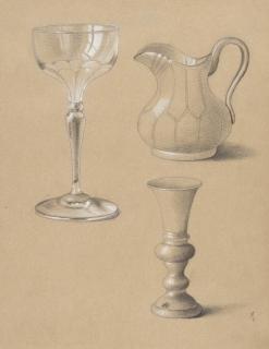 Emilie Preyer - Studienblatt mit Glaskaraffe, Stielglas und Kelch