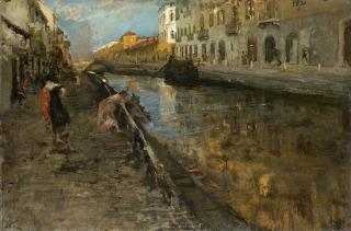 Emilio Gola - Passeggiando lungo il Naviglio Grande. Milano
