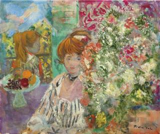 Emilio Grau Sala - Scène d\'intérieur au bouquet de fleur et corbeille de fruits