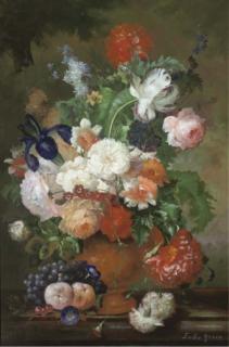 Emilio Greco - Tulips, Carnations, Roses And Other Flowers In A Vase On A Stone Ledge