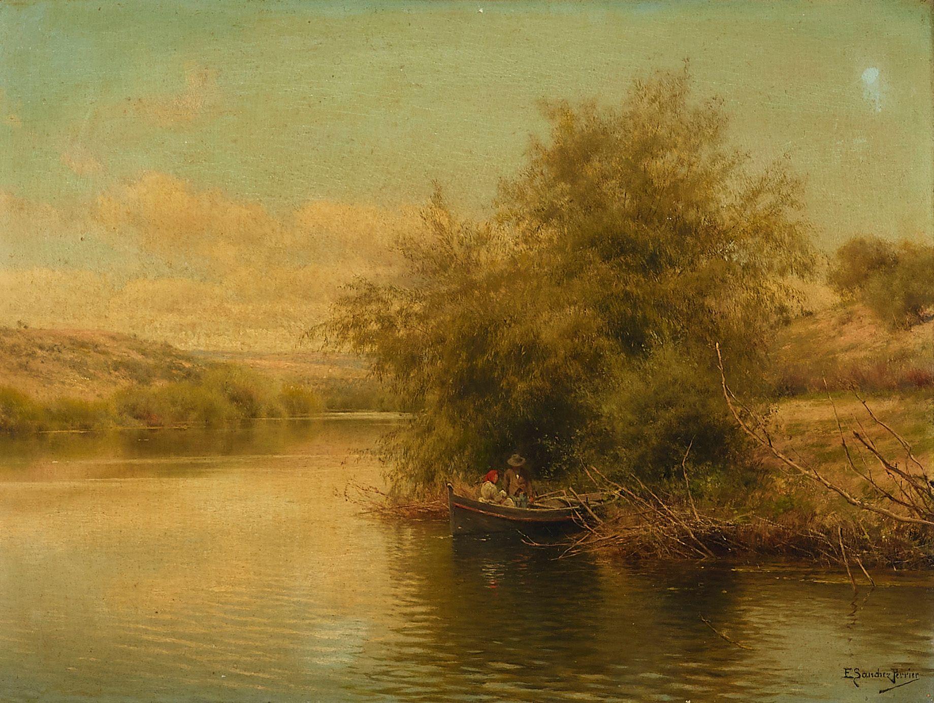 Emilio Sanchez-Perrier - A couple in a punt along the banks of a river