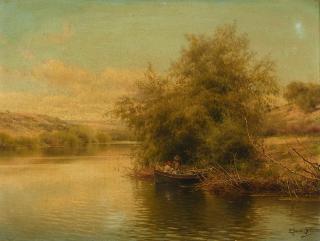 Emilio Sanchez-Perrier - A couple in a punt along the banks of a river